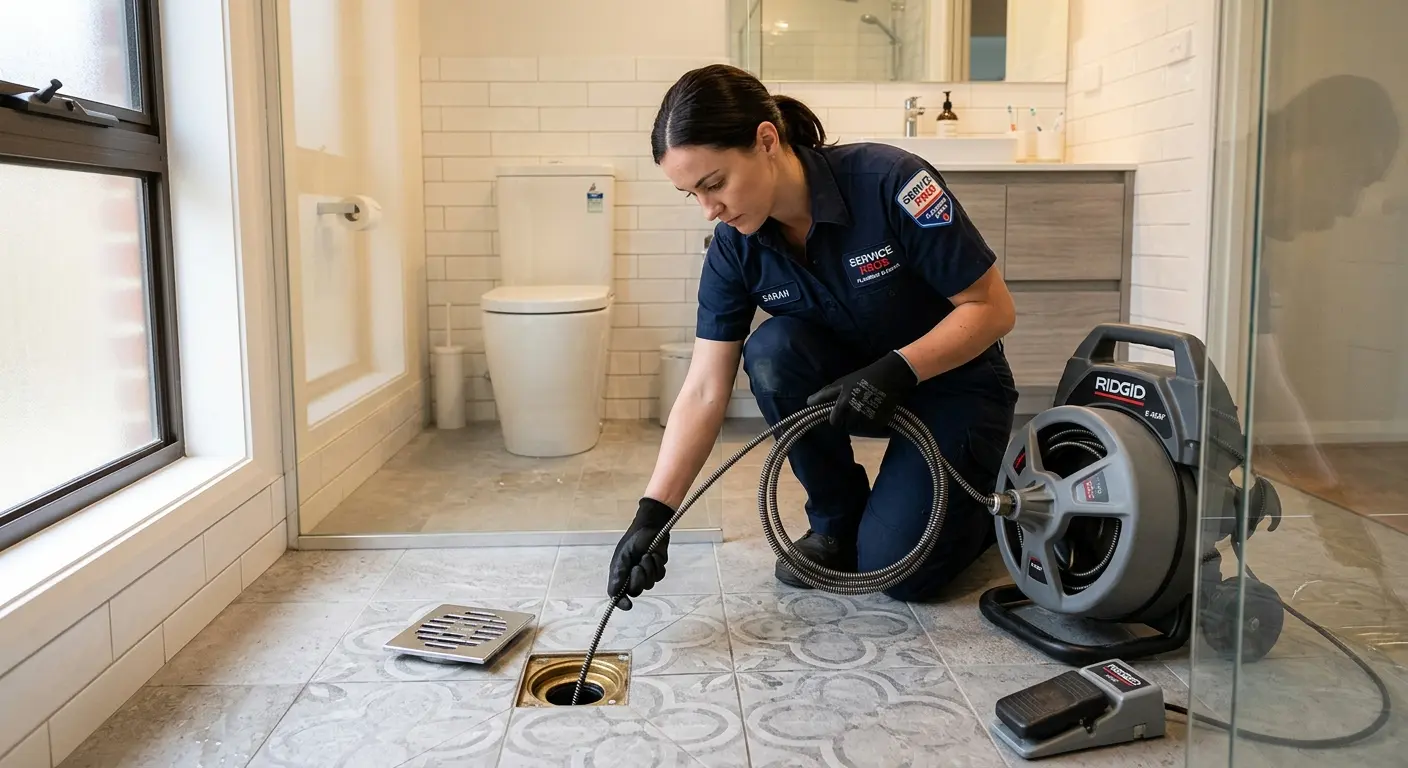 Technician clearing a bathroom floor drain for Sewer Line Installation in Norwood